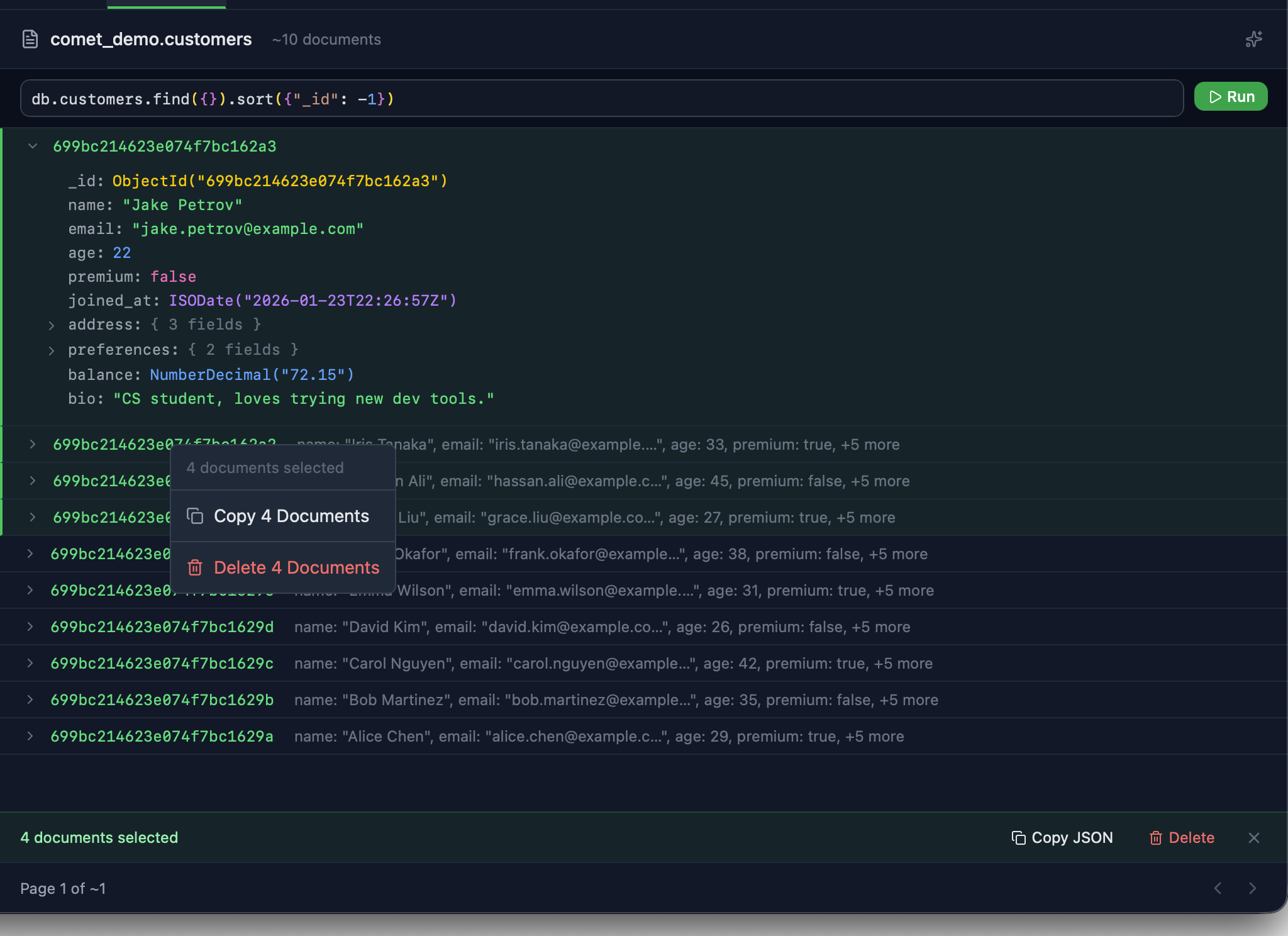 Multiple documents selected with checkboxes and context menu showing bulk actions like Copy JSON and Delete