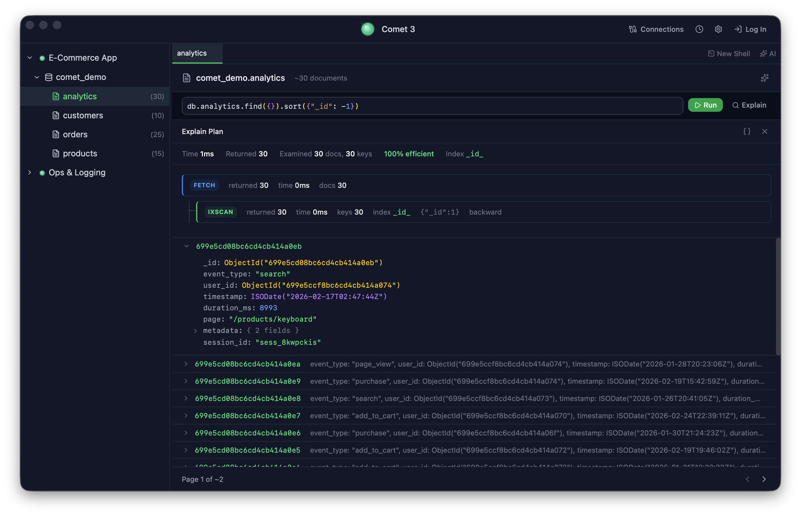 Explain plan visualizer showing FETCH → IXSCAN execution tree with color-coded stages and efficiency metrics